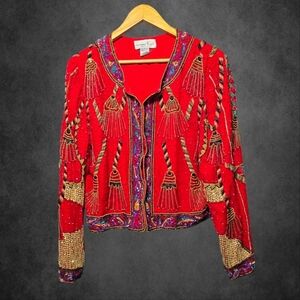 Vintage Laurence kager red silk sequined beaded cropped blazer